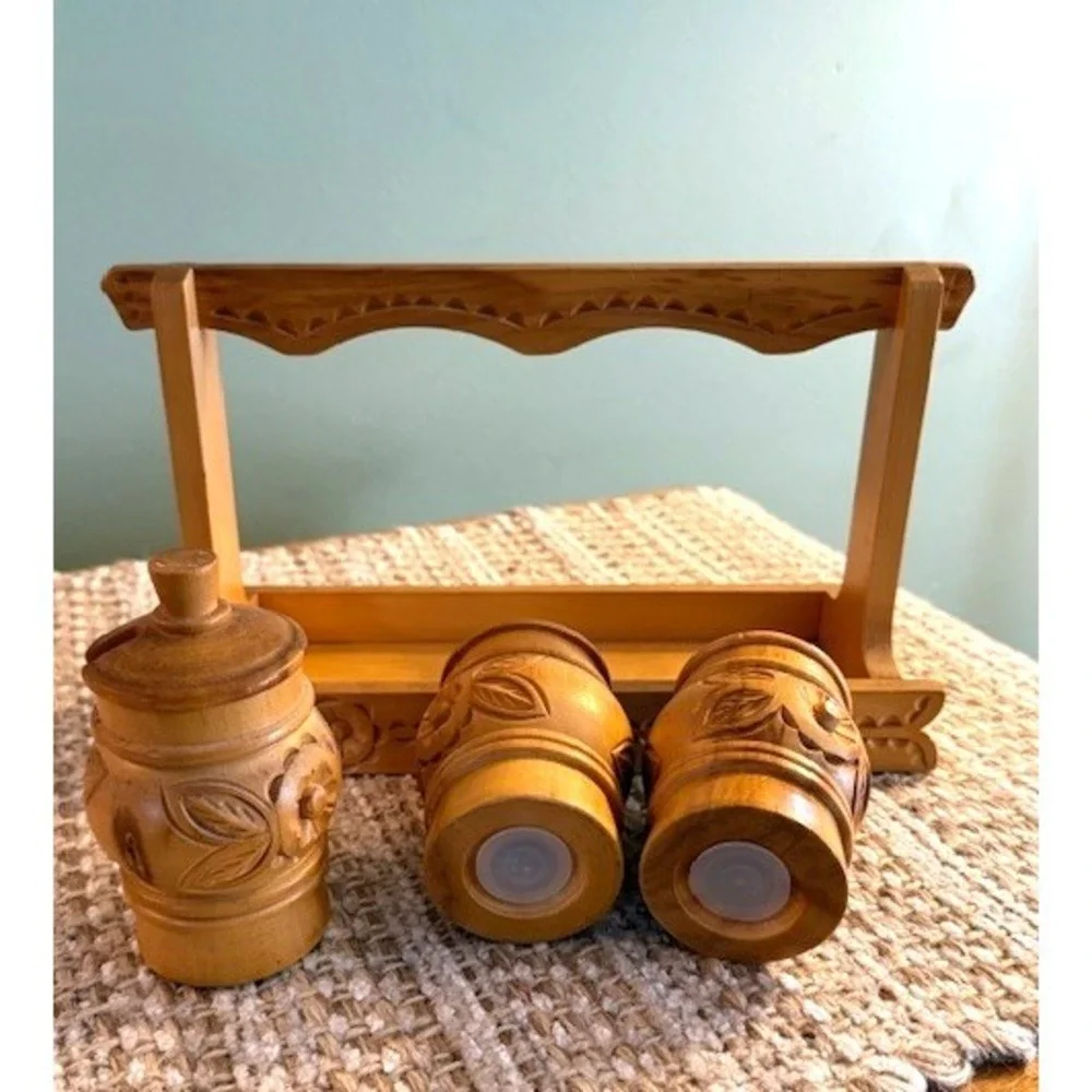 Vintage Hand Carved Wooden Condiments Set of 3 Carved Salt Pepper Caddy Tray